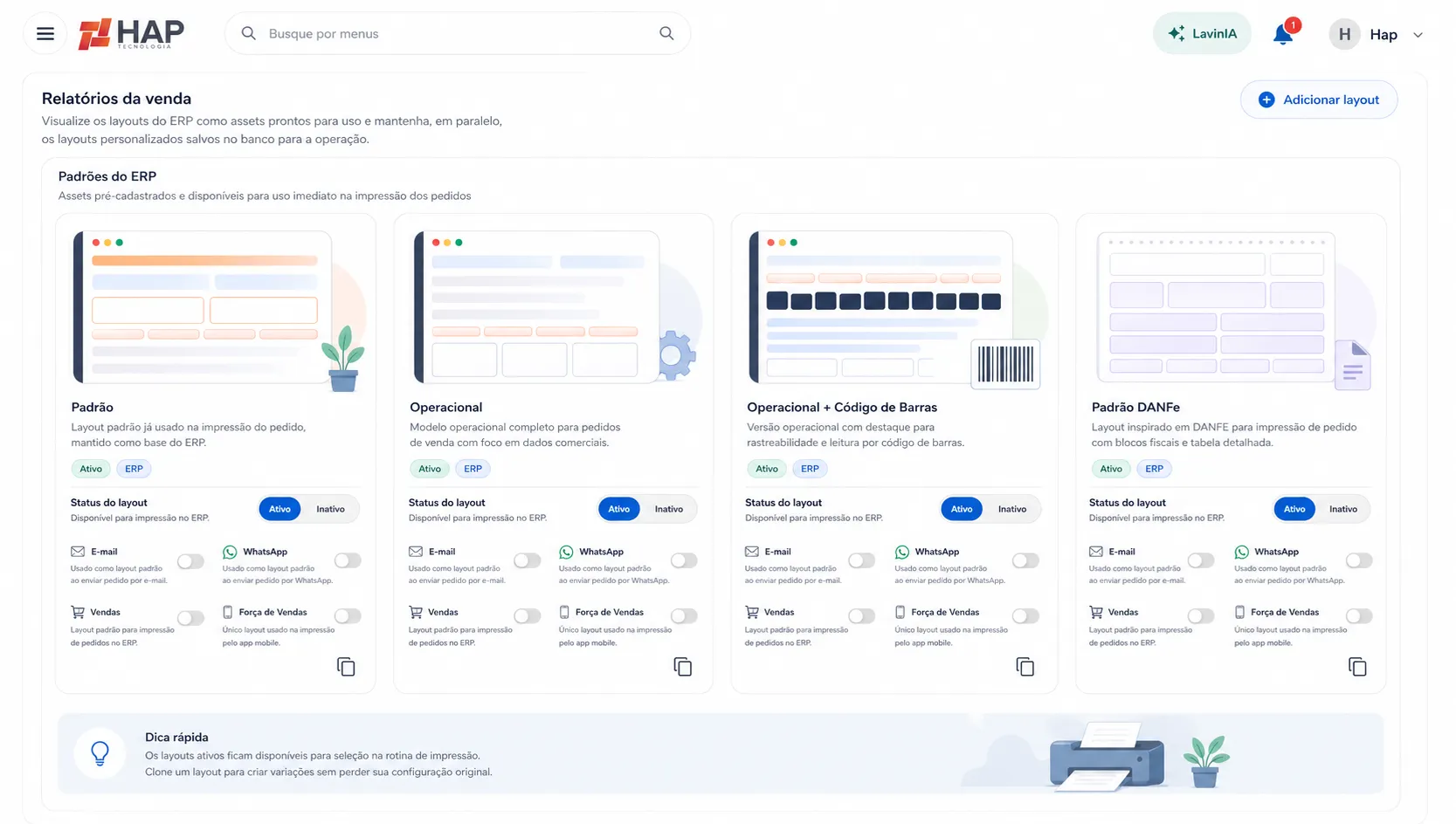 Impressão de pedido com layout customizável