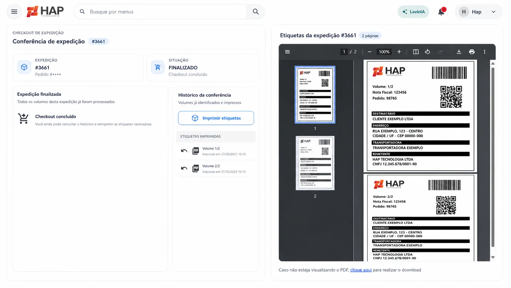 Checkout / fluxo de expedição com conferência